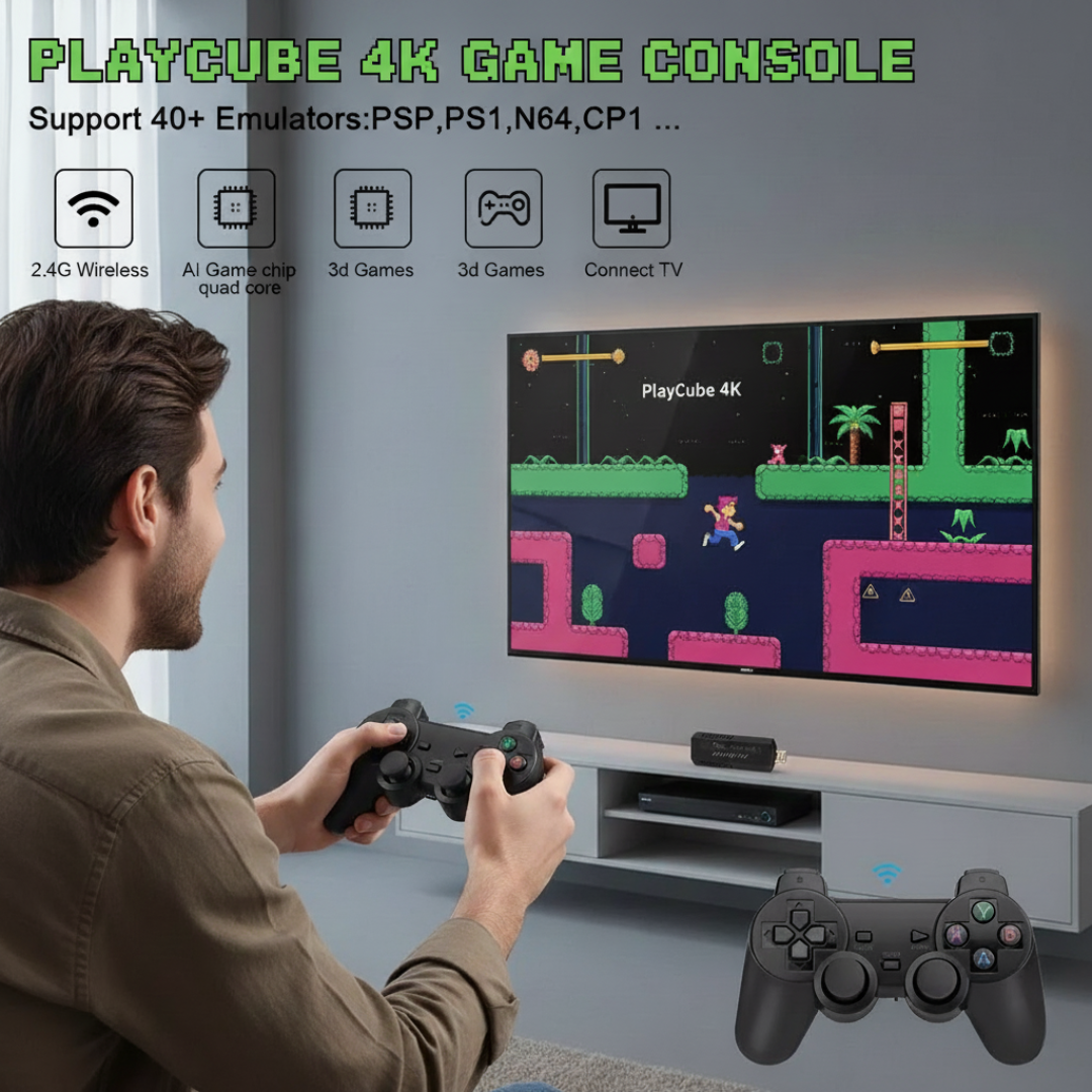 PlayCube 4K – retro spelkonsol med trådlösa handkontroller